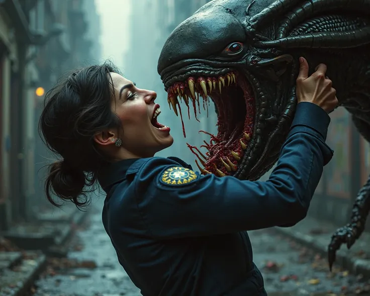 A female cop is eaten by a giant Xenomorph。
 she is screaming in so much pain。
Xenomorph is slurping her 。
実写風
tearsを流しながら助けを求めている
号泣，tears