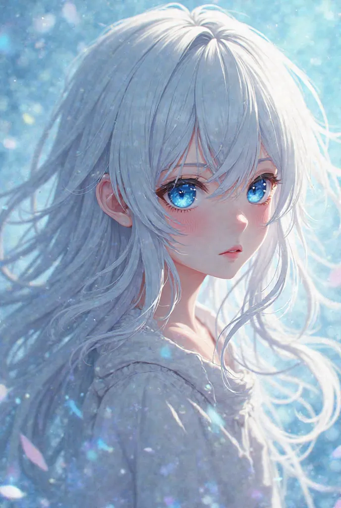 Boy anime character, white hair patterns, long hair, with bangs,  blue eyes, beautiful.