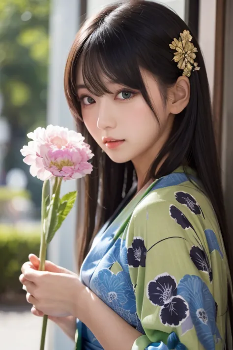 (Masterpiece,  top quality,  high definition:1.4),  wallpaper,  full body,  One Girl ,  long hair, ( Blue Hair:1.0), ( black hair:1.0),  green eyes,  multi colored hair ,  gradation hair ,  small chest ,  Side-Facing , yukata ,  holding party popper,   kni...