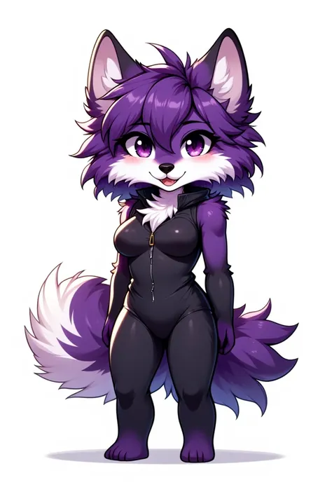 masterpiece, full body, chibi, stylized, white background, Score_9, Score_8_up, Score_7_up, Score_6_up, Score_5_up, masterpiece, a female furry dark purple Sheltie dog with with big eyes using a black jumpsuit
