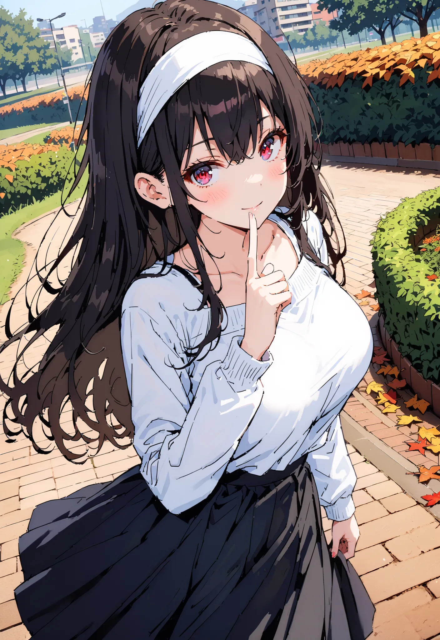  score_9,  score_8_up,  score_7_up,  source_anime, Uta ha Kasumigaoka,   black hair,  white headband ,  long hair, red eyes, Big Breasts,smile,blush,close your mouth,white one-shoulder sweater,Black long skirt, Bbo~,autumn leaves,autumn,Trail,Walking,noon,...