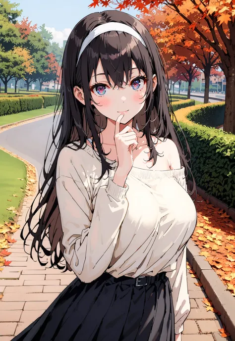  score_9,  score_8_up,  score_7_up,  source_anime, Uta ha Kasumigaoka,   black hair,  white headband ,  long hair, red eyes, Big Breasts,smile,blush,close your mouth,white one-shoulder sweater,Black long skirt, Bbo~,autumn leaves,autumn,Trail,Walking,noon,...