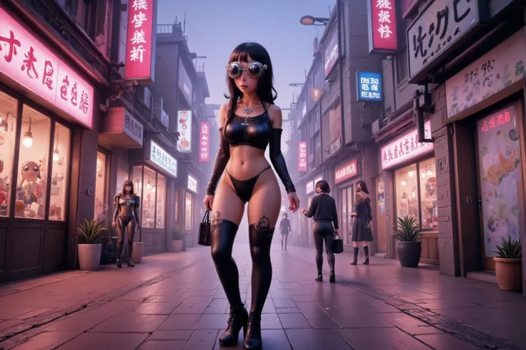 Woman (cute, chrome goggles, sexy outfit, saggy natural breasts huge, sexy black leather outfit, many blinking gadget accessories), confident walk through futuristic alien city (high technology blended with fungal structures)(Cyberpunk + mushroom fantasy),...