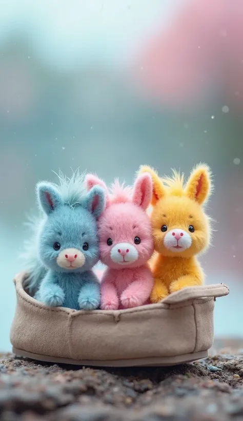 3 very small and cute ultra-realistic furry donkeys, one light blue and the other pink and the other yellow inside a shoe . The background is blurred with a lake and shades of light blue and pink colors.