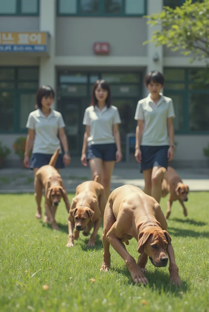 South Korea high school three women walk around the yard in uniform but they are also walking their pets, three completely naked and barefoot male students walk as if they were four-legged dogs on the floor, but they are students imitating the
She is one o...