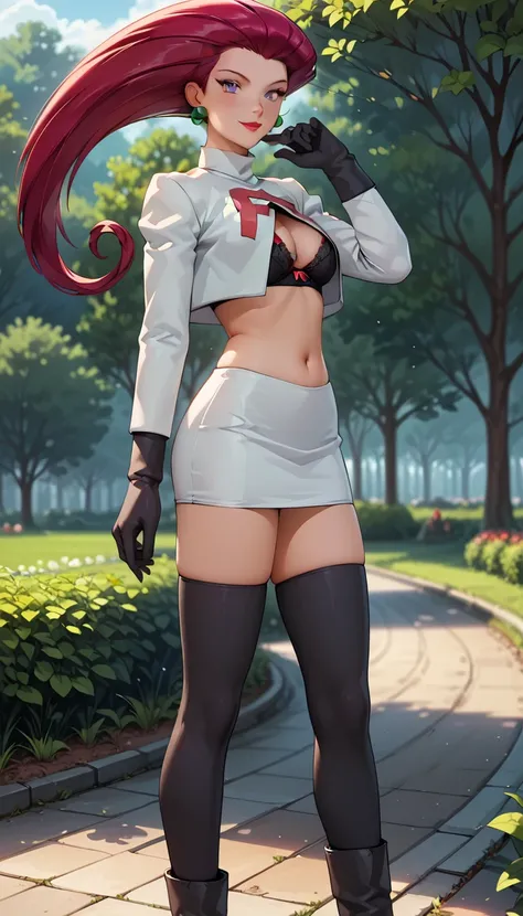 score_9, score_8_arriba, score_7_arriba, 1 girl, Alone , beautiful waifu , mature woman , Milf , ( jessie team rocket, Red hair brushed backwards ,  Detalles coloridos :1.2), detailed eyes,  navel,.titted detailed face, flirt, cosplay_Team Rocket,  uniform...