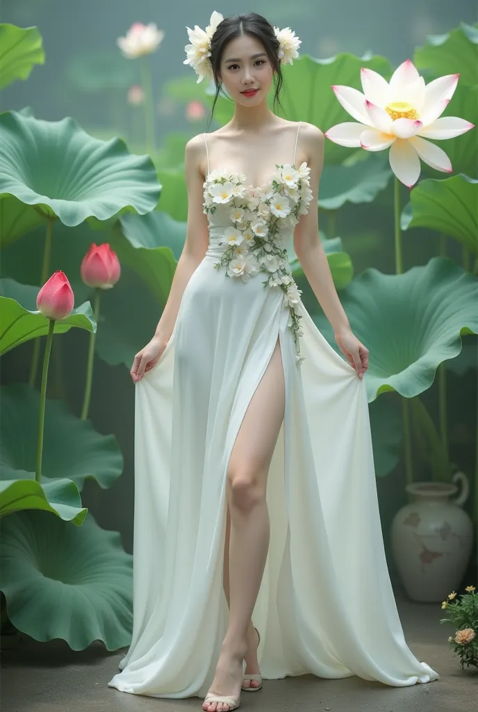 a woman in an elegant white long dress, decorated with floral motifs. She is standing in a serene environment surrounded by flowers large lotus flowers of various colors, consisting of white and red, along with voluminous wide green leaves. The background ...