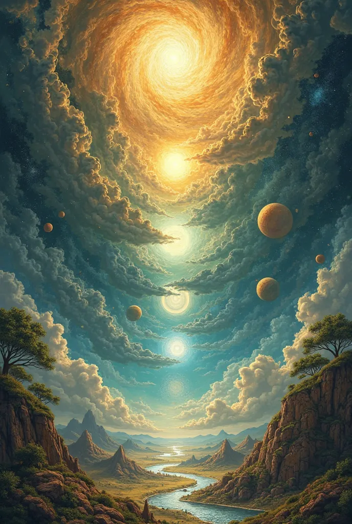 Majestic illustration of the seven days of creation from Genesis 1, depicting the universe forming in a gradual, ethereal transformation. A grand celestial scene unfolds, transitioning from a formless void into radiant divine light, swirling cosmic dust, a...