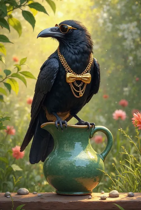 A hyper-realistic digital painting of a stylish black crow perched on the rim of an old, green ceramic pitcher in a lush garden. The crow is wearing gold-rimmed sunglasses, multiple gold chains around its neck, and white shorts with a golden bow. The scene...