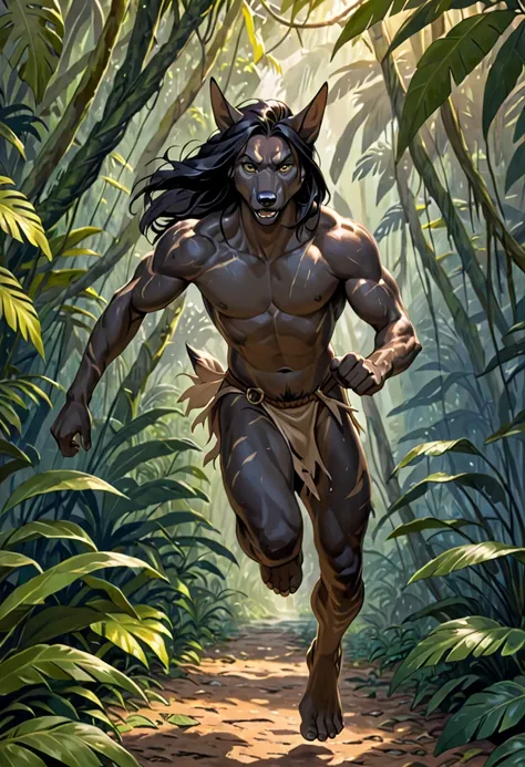 male, jackal, running in the jungle towards the camera, (tattered loincloth) high-quality, masterpiece, plantigrade, five toes, five fingers, naked, solo, black skin, long black hair, tarzan,
