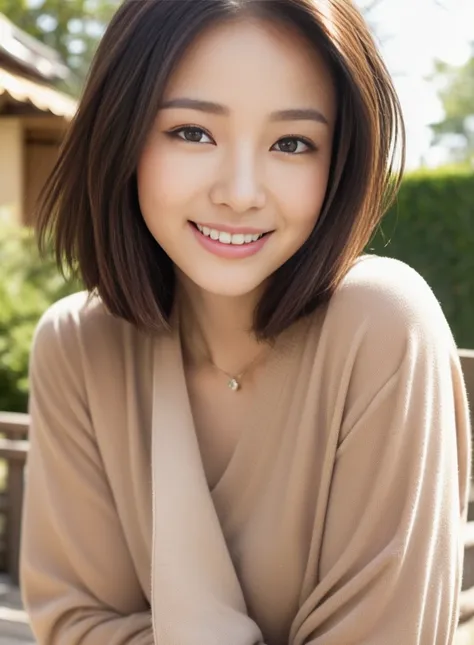 ((Daytime, Realistic light, Best Quality, 8K, masutepiece: 1.3)), 1 Cute girl in Japan, Age 19, Slim Beauty: 1.4, (Brown hair,) Cowboy Shot, long Sleeve T-Shirt: 1.1, Super fine face, Delicate eyes, Double eyelids, Open mouth, Smile, Necklace, Long bob cut...