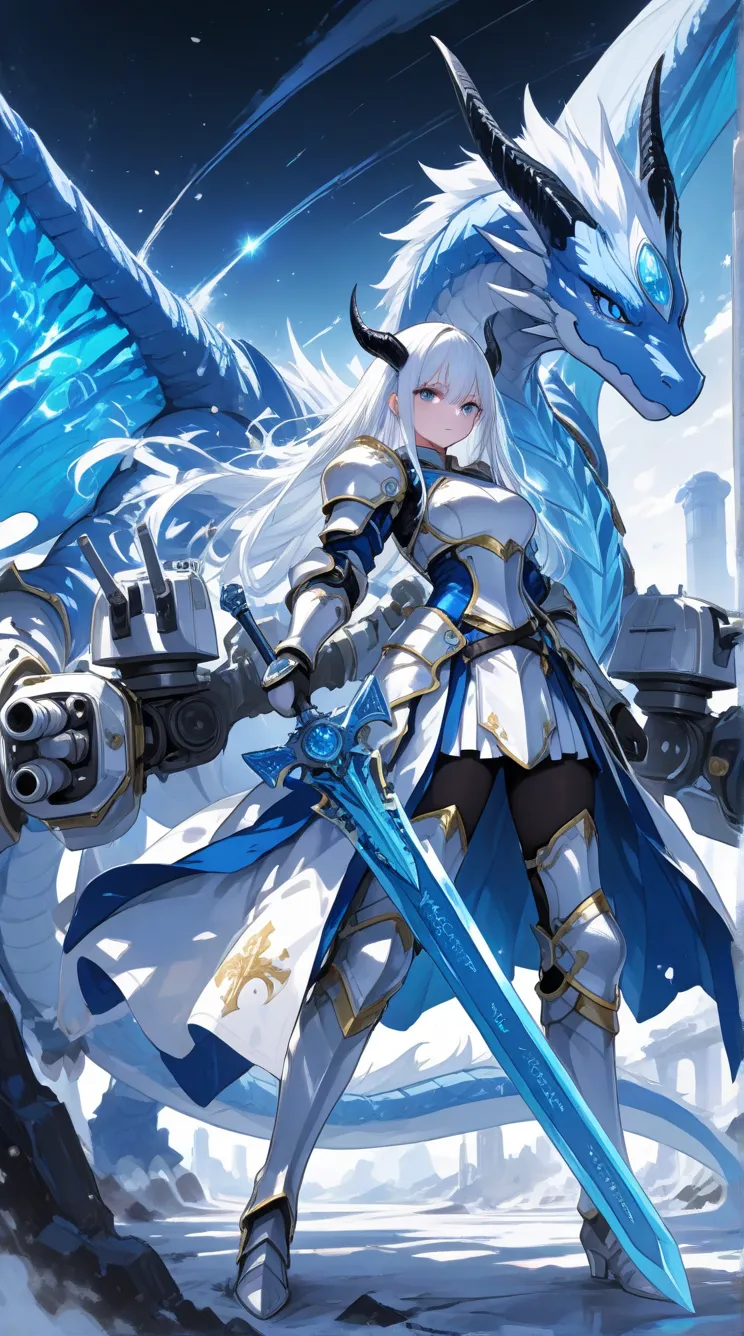 White hair, blue eyes, Celestial dragon, black horn, gigantic white and blue dragon wing, knight, duel sword, Turret around her, War theme