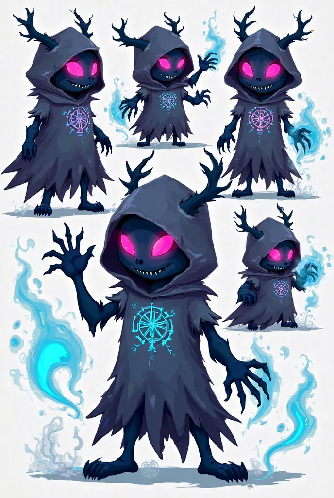 A mysterious, cartoon-style shadowy humanoid creature with glowing pink and cyan eyes. The character wears a tattered hooded cloak with intricate glowing geometric patterns and tribal-like symbols. Its body is a mix of shadowy tendrils and a semi-solid for...