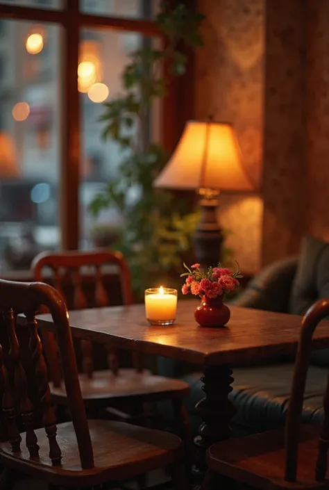 there is a table with candles and a chair in a room, cozy cafe background, pleasant cozy atmosphere, cozy atmosphere, coffee shop, cozy and peaceful atmosphere, cosy atmosphere, warm lighting interior, dimly-lit cozy tavern, warm interior, cafe interior, a...