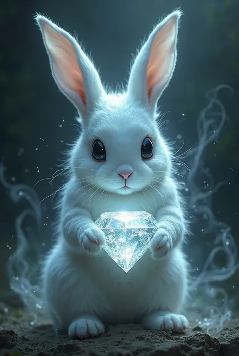 Create a photo of a ghost rabbit holding a diamond