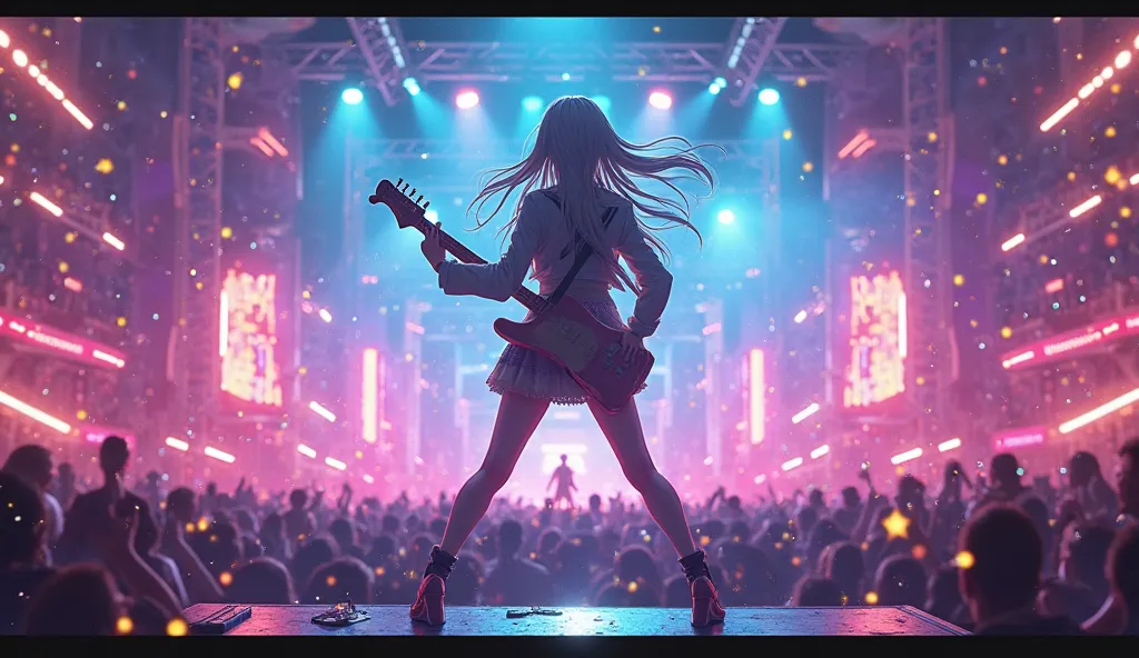 An anime idol singer performing on a stage with neon lights, dynamic pose, starry effects, colorful and vibrant, ultra-detailed, view panned out showing the vastness of the audience crowd, 4K   Negative prompt: cluttered background, incoherent scenery, mes...