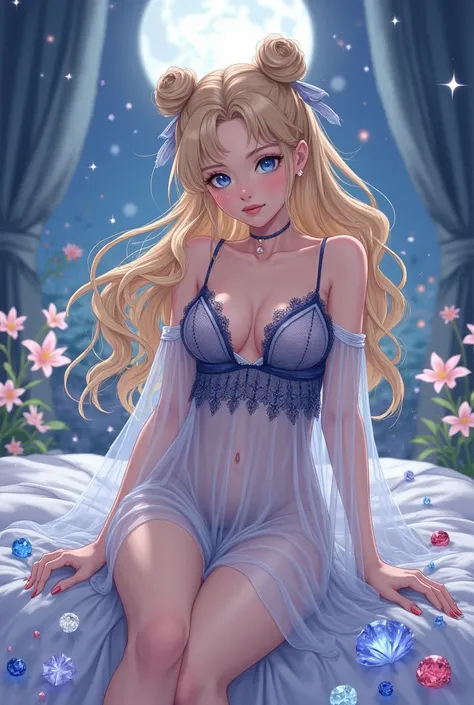  Princess Serenity sailor Moon adult full body , blue eyes yellow hair in two chunks with women's nightgown set transparent white with navy blue hollow mesh with lace vest fashionable for women fridja nalpqowj18226 in her room in her bed with lilies and ge...