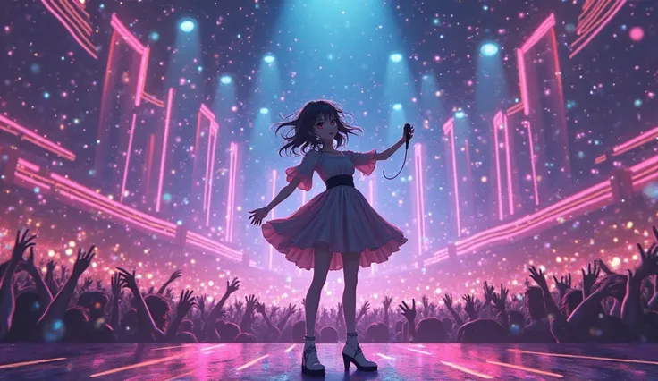 An anime idol singer performing on a stage with neon lights, dynamic pose, starry effects, colorful and vibrant, ultra-detailed, view panned out showing the vastness of the audience crowd, 4K   Negative prompt: cluttered background, incoherent scenery, mes...