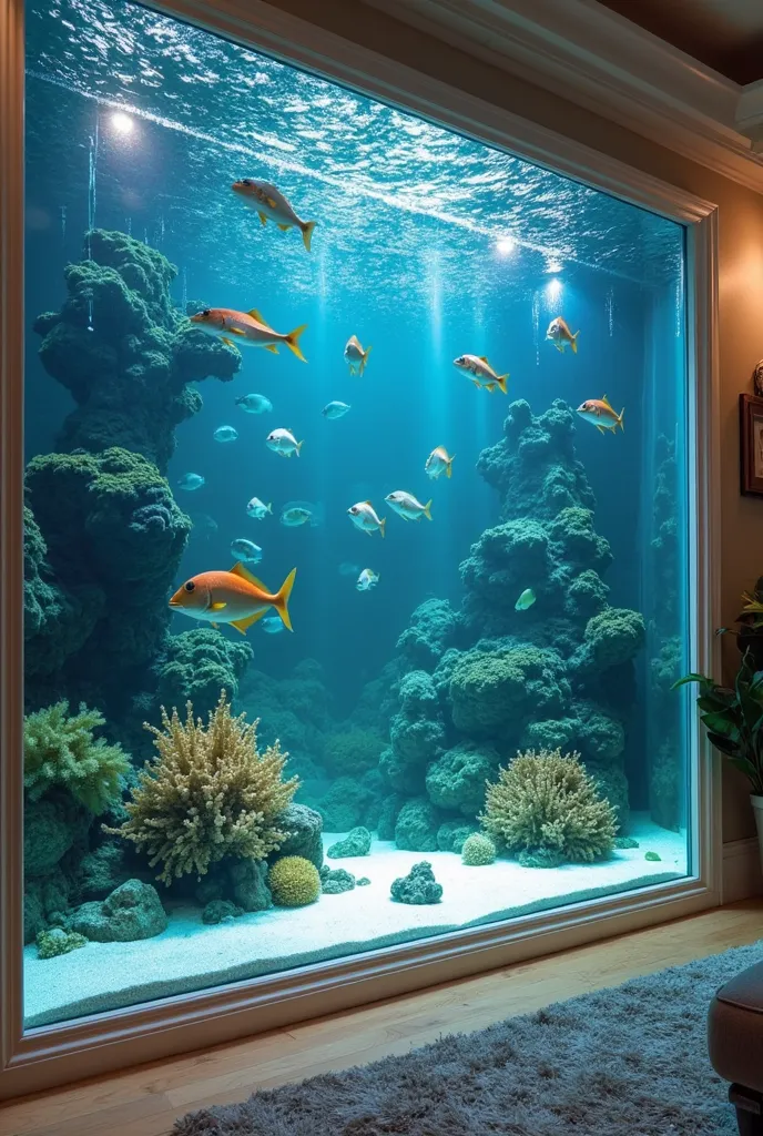 Create a small aquarium inside a wall of my house with crystalline blue water, white sand and beautiful fishes