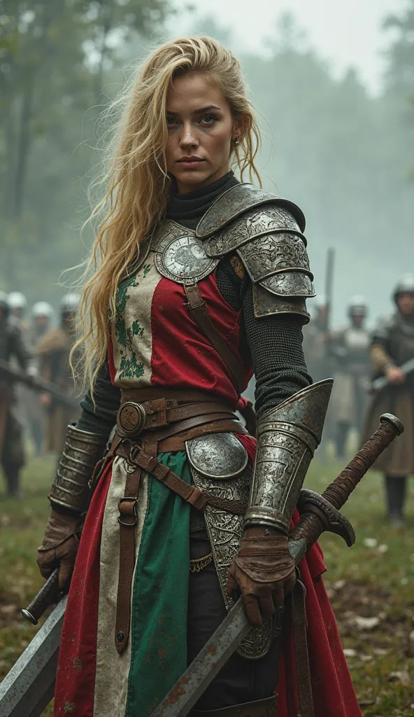 A fearless warrior from Santa Catarina, with striking features framed by flowing blonde hair. His armor, red, green and white like the state flag, is decorated with intricate battle engravings. She wields an enormous broadsword, standing on a misty battlef...