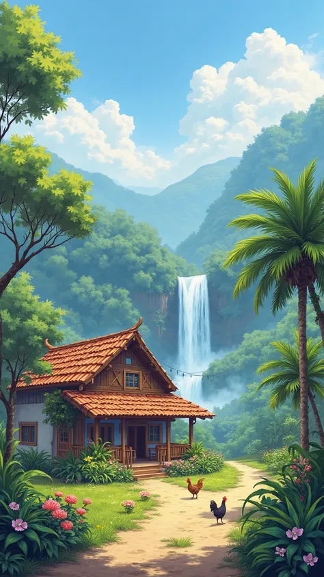 "Create a picture of a tranquil rural village scene with a traditional tile-roofed house in the middle of a dirt path, surrounded by lush greenery , tropical tree, and a lively garden. In the background, A majestic waterfall cascading down from a misty hil...