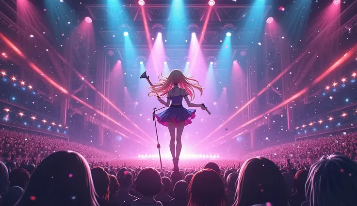 An anime idol singer performing on a stage with neon lights, dynamic pose, starry effects, colorful and vibrant, ultra-detailed, view panned out showing the vastness of the audience crowd, 4K   Negative prompt: cluttered background, incoherent scenery, mes...