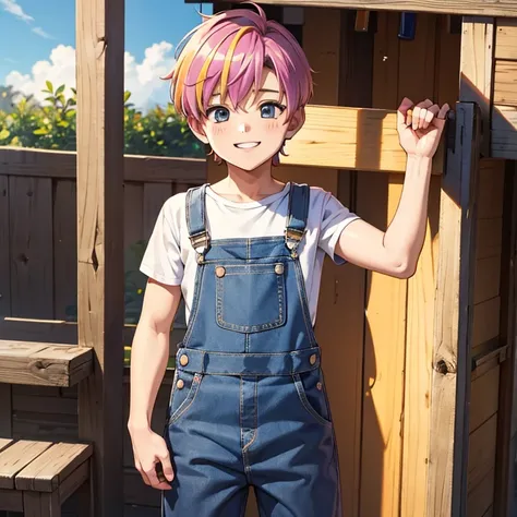 boy overalls happy shirtless colorful playhouse