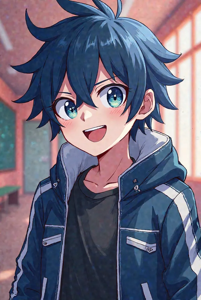 **image:**
- **character:** x} A charming boy with white skin and dark blue hair, hairstyle with a slightly disheveled but stylized style, typical of Danganronpa characters.
- **rostro:** It has a fun and relaxed expression,  design with large, bright eyes...