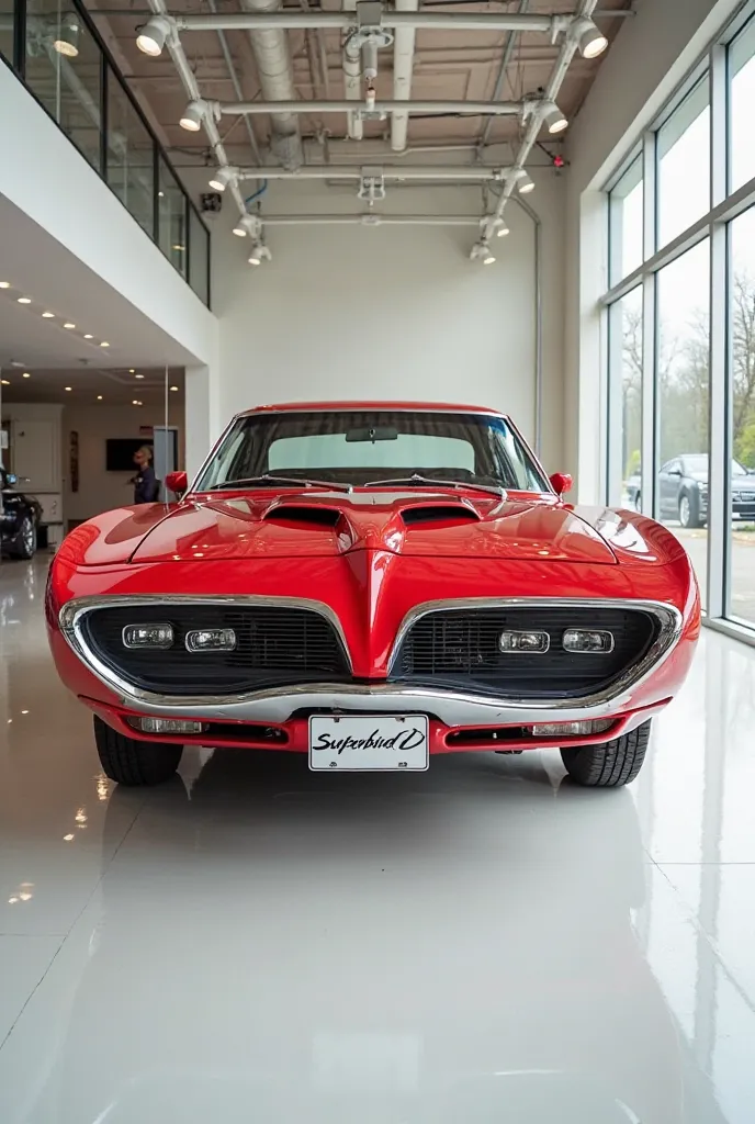 Front side view of painte red1980 Plymouth Superbird in sleek in large shape sedan in large size with Plymouth logo on its large detailed grille in shiny white color with angular sporty design ca  Front side  view with modified sleek backlights & with a “P...