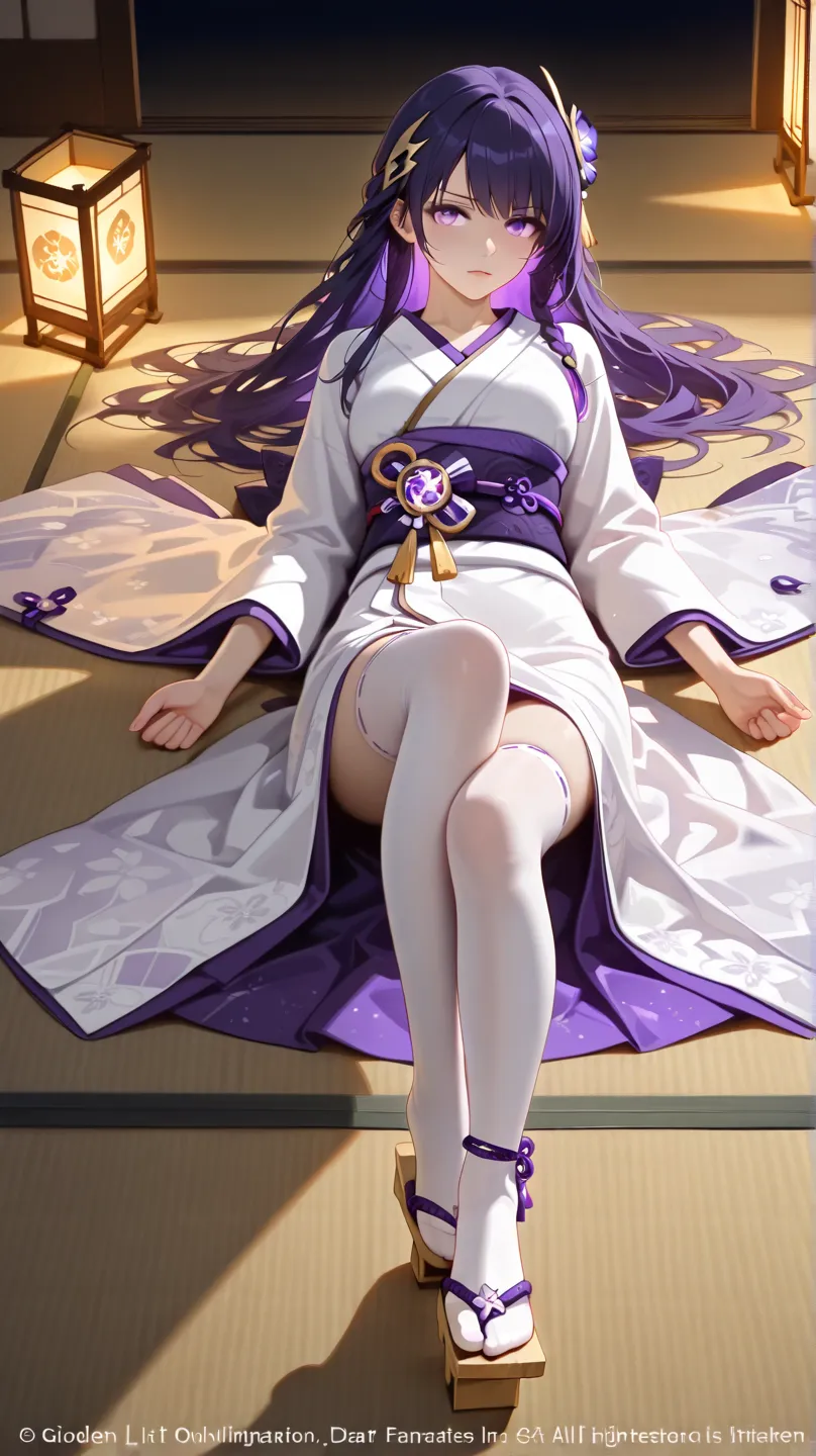 purple long hair, braided hair,white kimono,Lightning Generalの服,gold and purple hair ornament、 Lightning General、night、 Fantastic、 indoor、serious expression、front high resolution,  anatomically correct,  highest quality,  textured skin, A woman lying lifel...