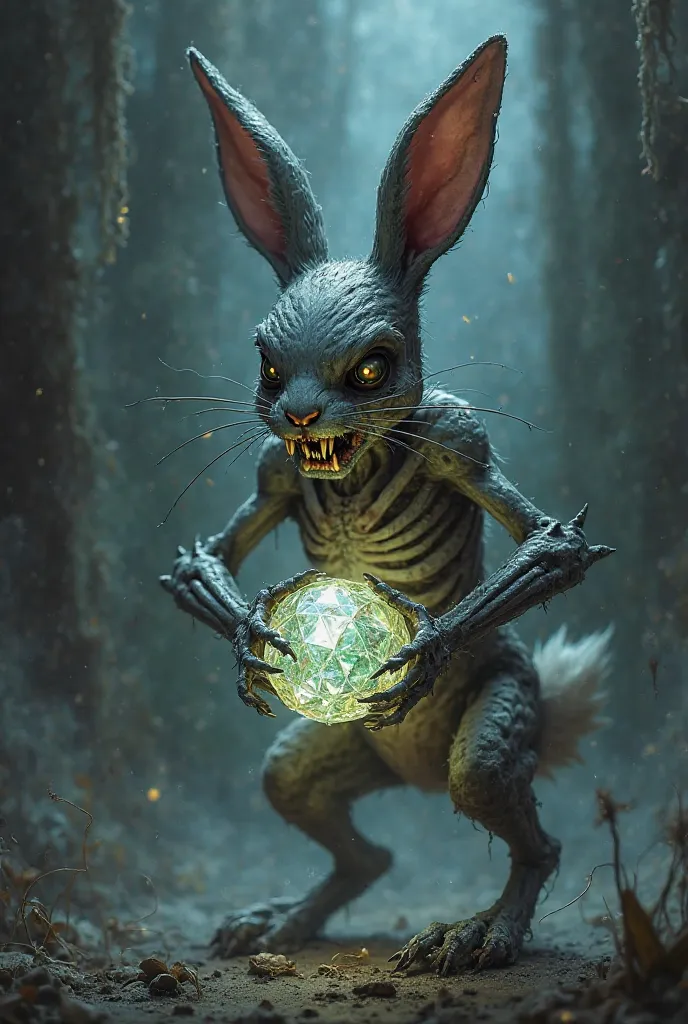 Create a photo of a black zombie style rabbit holding a diamond ball