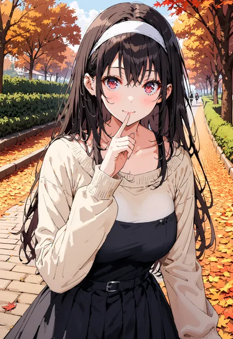  score_9,  score_8_up,  score_7_up,  source_anime, Uta ha Kasumigaoka,   black hair,  white headband ,  long hair, red eyes, Big Breasts,smile,blush,close your mouth,white one-shoulder sweater,Black long skirt, Bbo~,autumn leaves,autumn,Trail,Walking,noon,...
