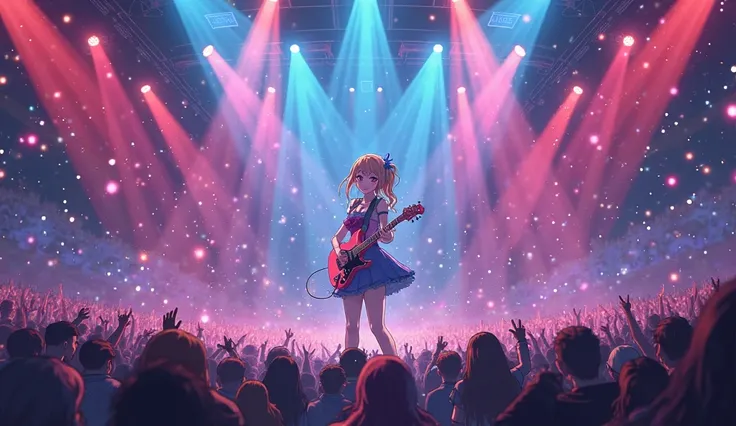 An anime idol singer performing on a stage with neon lights, dynamic pose, starry effects, colorful and vibrant, ultra-detailed, view panned out showing the vastness of the audience crowd, 4K   Negative prompt: cluttered background, incoherent scenery, mes...