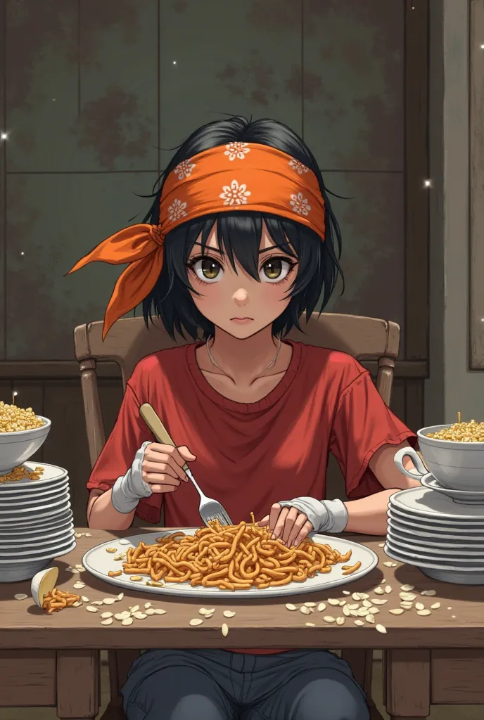 masterpiece, The best quality, highest qualityr, photorealistic, perfect anatomy, Perfect face, perfect eyes, orange bandana, pandballgt, 1girl, black eyes, black hair, short hair, flat chest, pants, fingerless gloves, red shirt, Crop top, sitting at table...