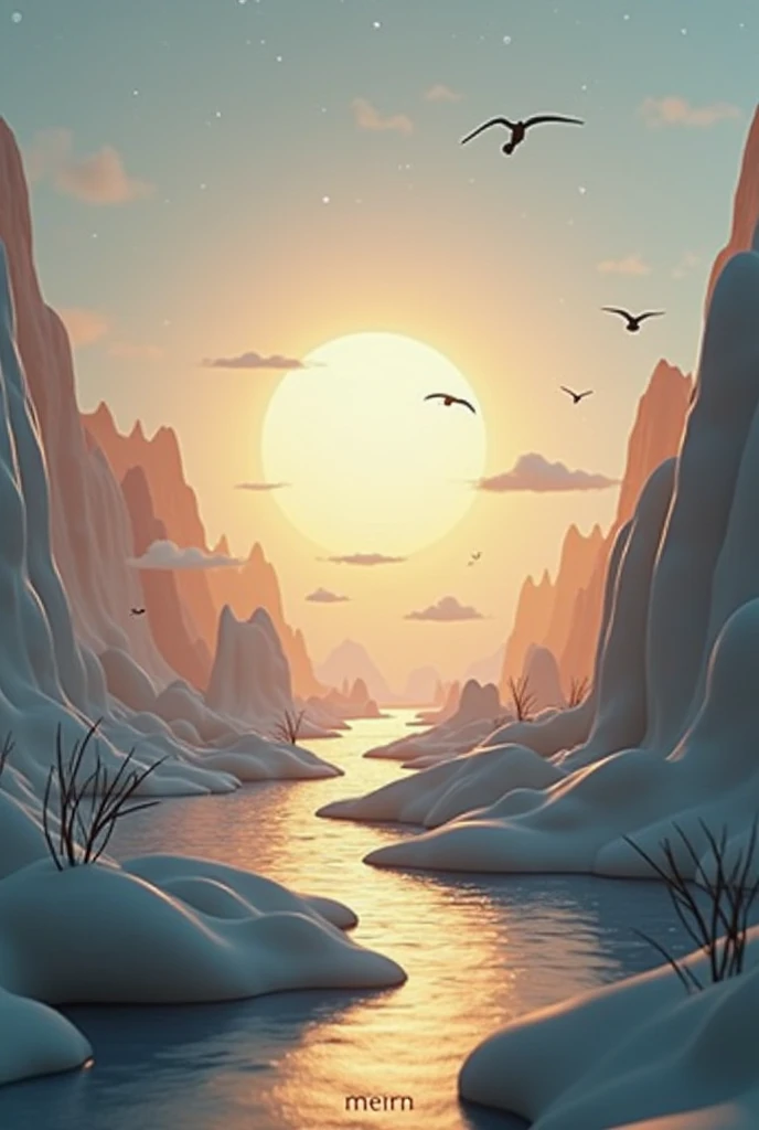 A sequence of seven elegant 3D-rendered minimalist landscapes, each representing a different stage of creation. Soft natural lighting enhances the serene atmosphere. Each scene is crafted with smooth, clean shapes and subtle textures, avoiding mystical or ...