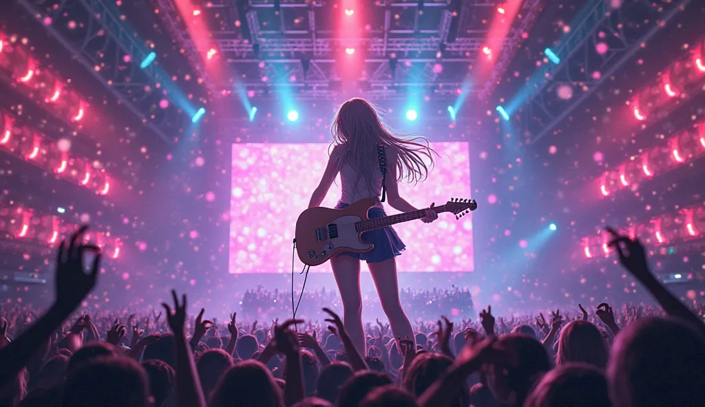 An anime idol singer performing on a stage with neon lights, dynamic pose, starry effects, colorful and vibrant, ultra-detailed, view panned out showing the vastness of the audience crowd, 4K   Negative prompt: cluttered background, incoherent scenery, mes...