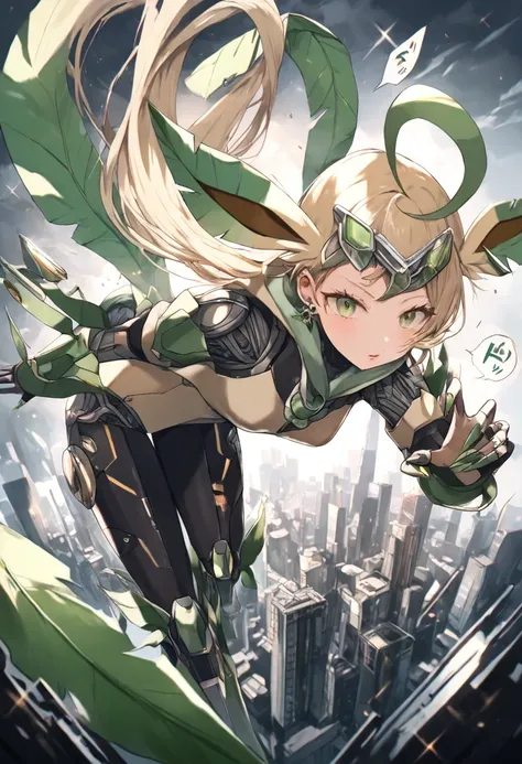 (masterpiece, best quality:1.2), (absurdres,    highres, ultra-detailed), (perfect anatomy),((Pokémon Leafeon become a human girl)),22yo, beautiful eyes00, shiny hair , ear piercing, very long eyelashes, soft lips,wearing (Pokémon Leafeon costume, Pokémon ...