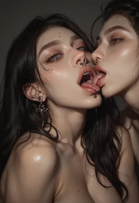 (((Completely naked)))、 incoming kiss, french kiss, tongue kissing, saliva, saliva_trail, bdsm, charming, desire, (face piercings:1.4), Obscene,  Mature Woman,  Captivating body lines  , ((     fine facial features     ,    open your mouth, eroticism)),   ...