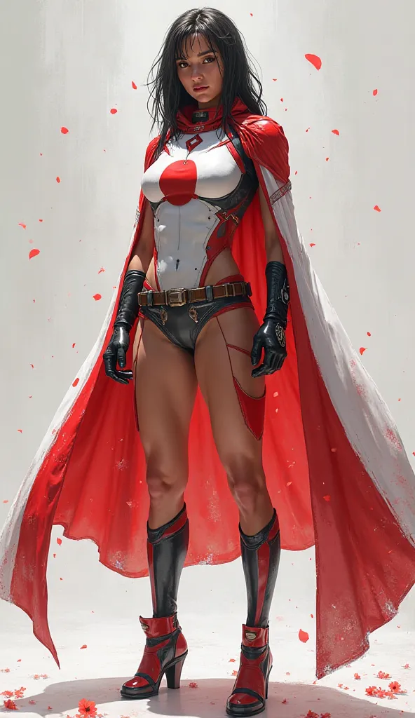 A hyperrealistic portrait of a stunning, muscular female superhero inspired by Supergirl, representing Japan. She wears a sleek, high-tech suit infused with vibrant red and white accents from the Japanese flag, her cape flowing like a cherry blossom petal ...