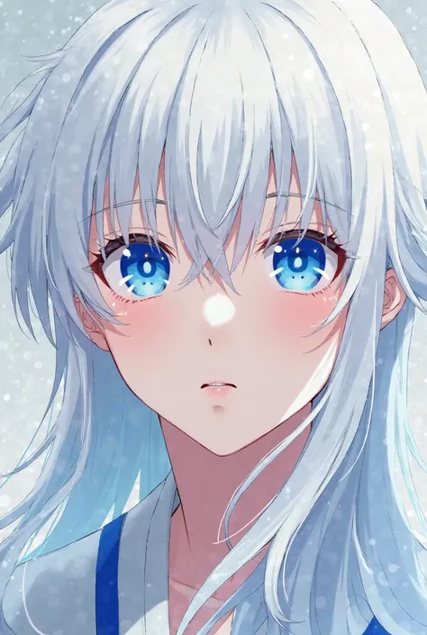 a boy,  with white hair, long hair,  straight hair, with bangs, beautiful, male face, bright blue eyes,  White Eyelashes ,  Japanese anime .