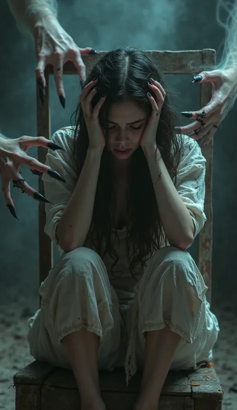 A young woman with long black hair sits on an old wooden chair, her body curled up in fear. She is wearing loose white clothes covered in blood and tattered. Her face shows an expression of panic and despair, her eyes full of fear as she holds her head wit...