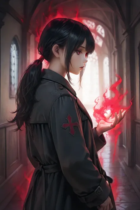 masterpiece, best quality, detailed eyes, semi realistic, 8k, girl, emotionless, black low ponytail hair, red eye, fantasy hallway, black medieval coat with red accessories, nobility, red aura on her hand, calm