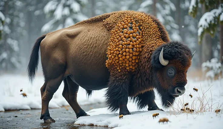 A surreal American Bison kneeling near a small stream in a snowy landscape, surrounded by pine trees. The bison's fur is covered with a unique texture of honeycomb-like patterns, resembling hardened organic armor. Small bees are flying around, interacting ...