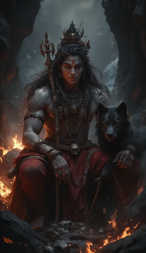 ((Very Tall and big)), hyper detailed and perfect Portrait of Lord Shiva ,very handsome fierce expression,ferocious look, looking at me, head down, (((fierce expression on face))), young, ((long black floating hair, wearing red robes))) ((red robes))) ((p...