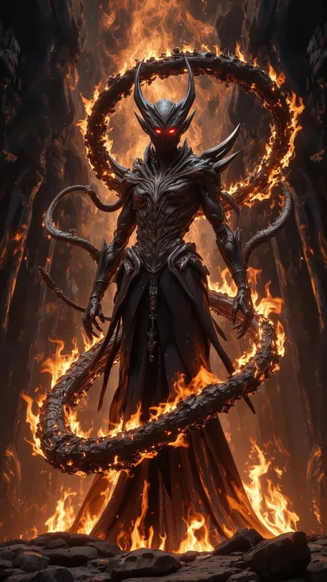 A majestic、Mysterious painting，Depicting a humanized elf surrounded by flames，towering painting，A mysterious anthropomorphic creature surrounded by flames，standing in the center of a swirl of flames，Burning red eyes，flickering naughty light