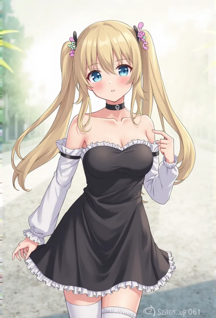  score_9,  score_8_up,  score_7_up, 1 girl, Alone,  long hair, chest, Watch Viewers,  blue eyes, large chest, blond hair,  Long Sleeve,  dress, Thigh High Socks, chest元,  shoulder out, twintails, standing, clavicle, flower, outdoor, frills, detachable slee...