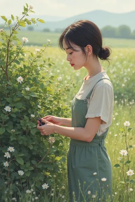 A 24-year-old girl , pruning a shrub, while behind it is a fluffy land where flowers have been planted that have not yet grown 