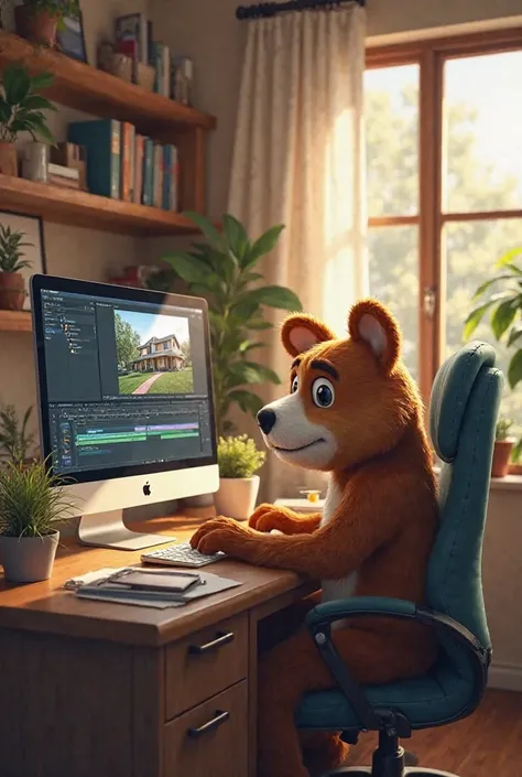 Create me a mascot working on a computer editing a real estate video 