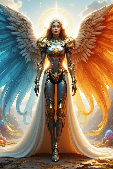 android c 18 like a holy archangel in beautiful armor and aura of sacred magic with enormous wings, The left wing is water wing and the right wing is fire wing