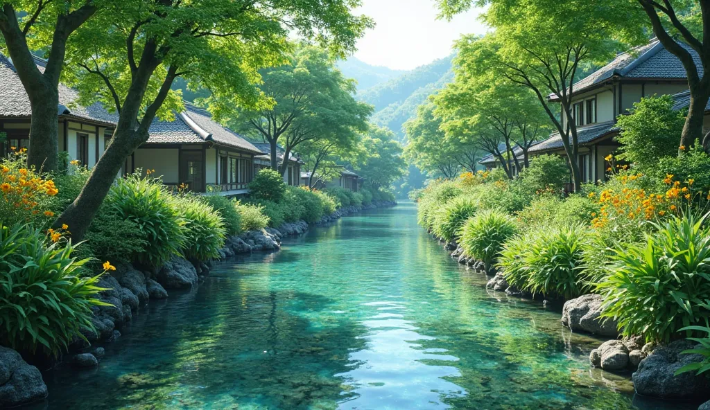 A picturesque clear stream surrounded by lush green trees and vibrant aquatic plants. The water reflects the bright green foliage, creating a calm and peaceful atmosphere. A traditional Japanese thatched-roof house is partially visible in the background, a...